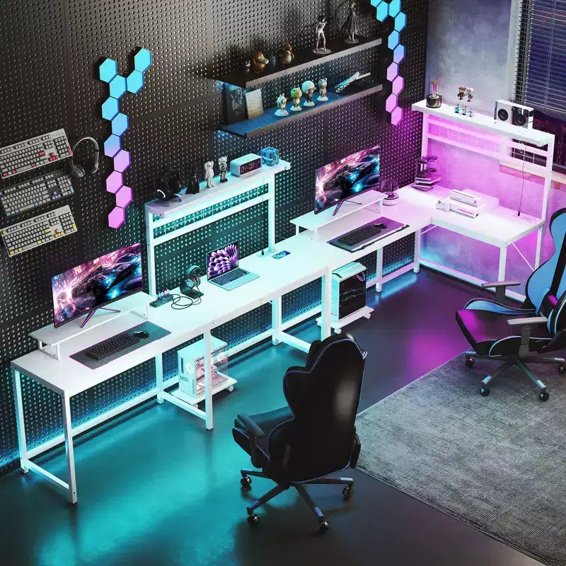 Scrivania a L Bianca/Nera con Luci LED e Prese di Corrente, Convertibile, Utente Singolo