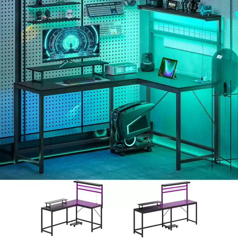 HOMCOM 61.6 L Shaped Desk with Power Outlets & LED Lights, Convertible Computer Desk with Monitor Stand and Computer Shelf for Home Office