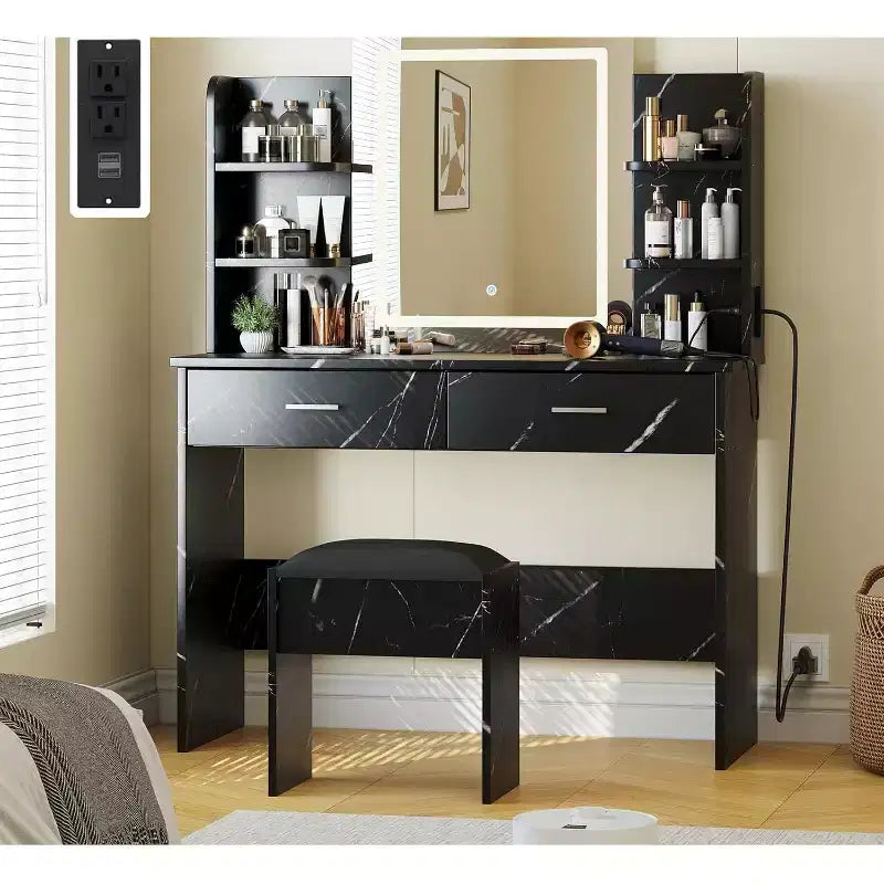 Toeletta con Specchio a LED, 3 Modalità di Colore, Sgabello Imbottito – Nero / Bianco / Rosa