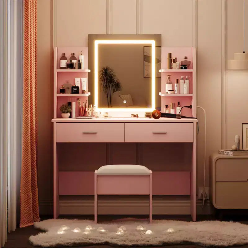 Toeletta con Specchio a LED, 3 Modalità di Colore, Sgabello Imbottito – Nero / Bianco / Rosa
