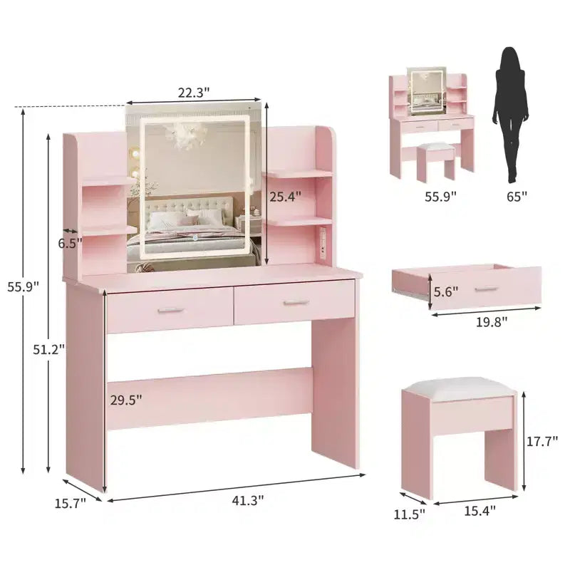 Toeletta con Specchio a LED, 3 Modalità di Colore, Sgabello Imbottito – Nero / Bianco / Rosa