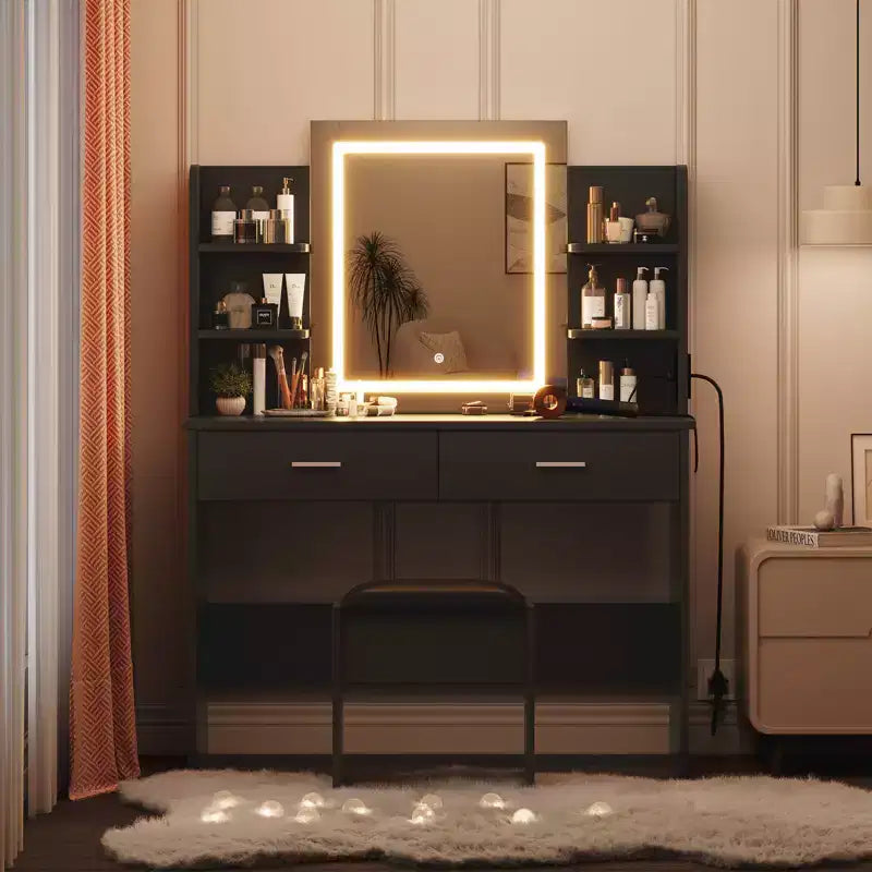 Toeletta con Specchio a LED, 3 Modalità di Colore, Sgabello Imbottito – Nero / Bianco / Rosa