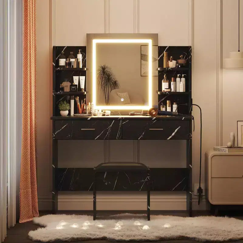 Toeletta con Specchio a LED, 3 Modalità di Colore, Sgabello Imbottito – Nero / Bianco / Rosa