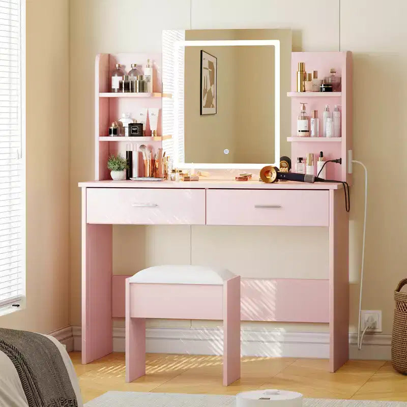 Toeletta con Specchio a LED, 3 Modalità di Colore, Sgabello Imbottito – Nero / Bianco / Rosa