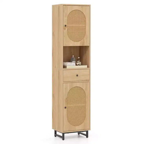 Costway 67 Tall Bathroom Cabinet with 2 Doors Open Compartment & Drawer Adjustable Shelves Beige/White