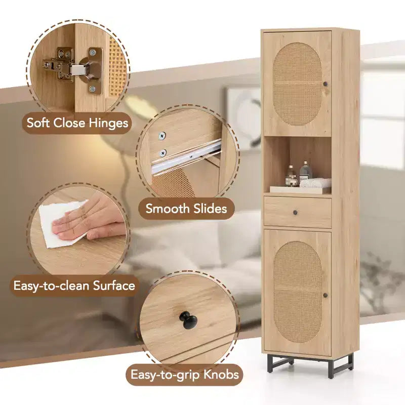 Mobiletto da bagno alto 170 cm in rattan PE beige/bianco, monoposto