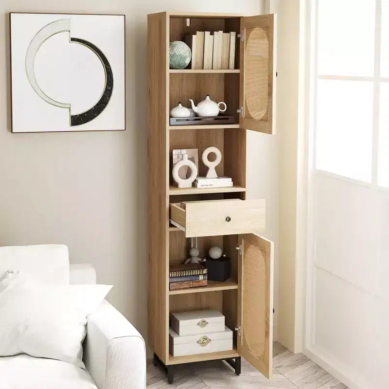 Mobiletto da bagno alto 170 cm in rattan PE beige/bianco, monoposto