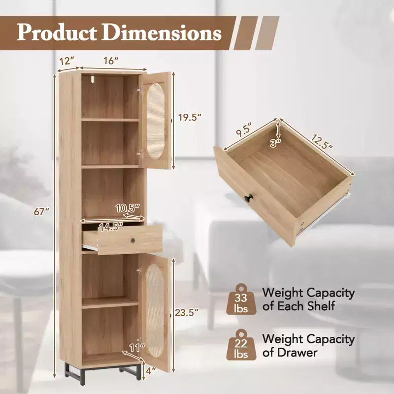Mobiletto da bagno alto 170 cm in rattan PE beige/bianco, monoposto