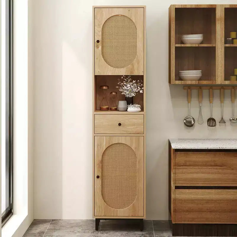Mobiletto da bagno alto 170 cm in rattan PE beige/bianco, monoposto