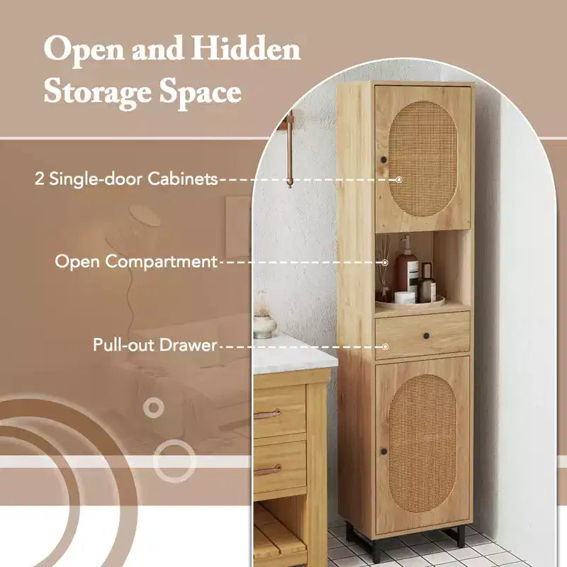 Mobiletto da bagno alto 170 cm in rattan PE beige/bianco, monoposto