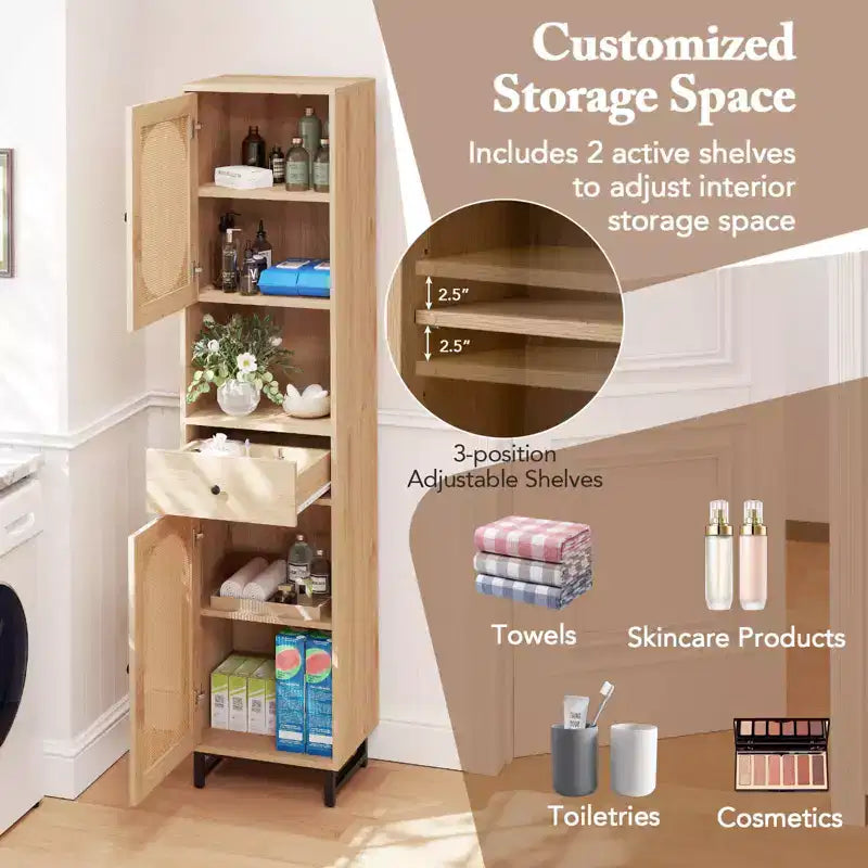 Mobiletto da bagno alto 170 cm in rattan PE beige/bianco, monoposto