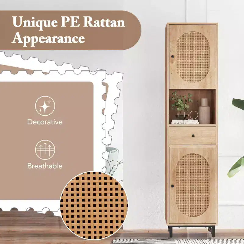 Mobiletto da bagno alto 170 cm in rattan PE beige/bianco, monoposto
