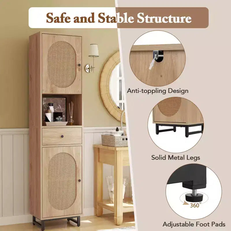 Mobiletto da bagno alto 170 cm in rattan PE beige/bianco, monoposto