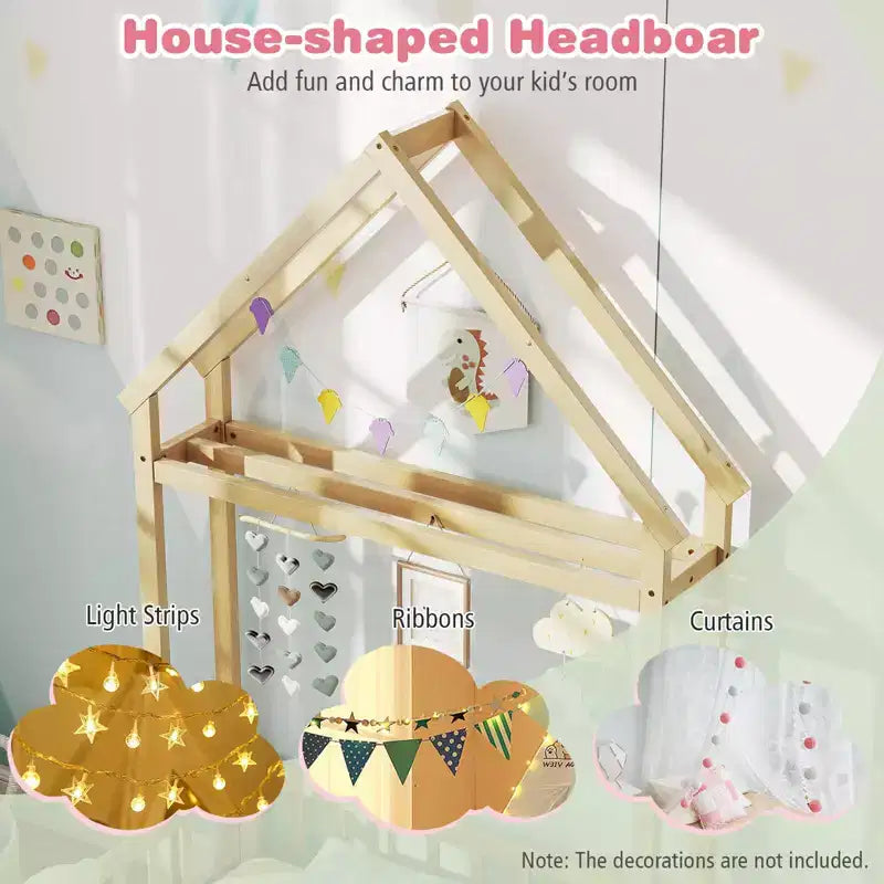 Letto a castello singolo a forma di casetta con cancello e appendiabiti, beige/grigio/rosa/bianco, per 1 bambino