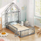 Letto a castello singolo a forma di casetta con cancello e appendiabiti, beige/grigio/rosa/bianco, per 1 bambino