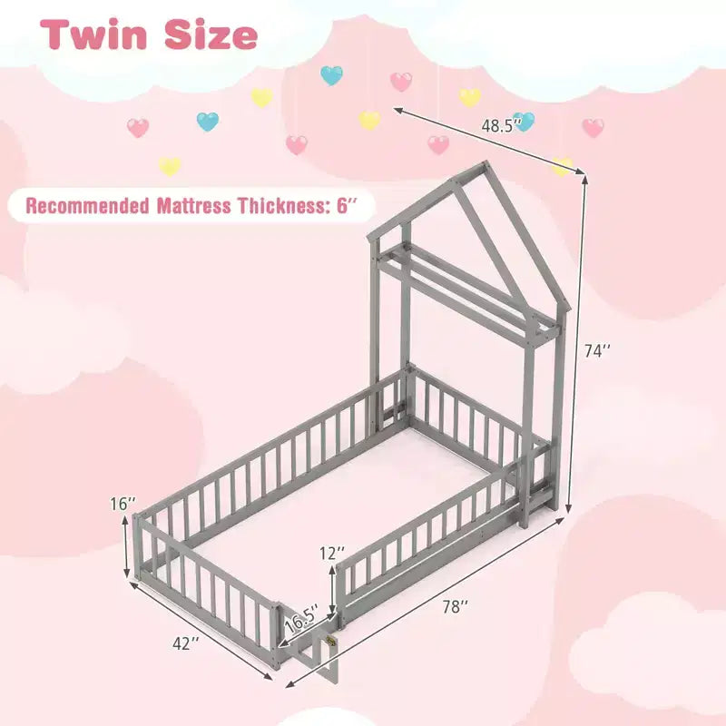 Letto a castello singolo a forma di casetta con cancello e appendiabiti, beige/grigio/rosa/bianco, per 1 bambino