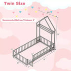 Letto a castello singolo a forma di casetta con cancello e appendiabiti, beige/grigio/rosa/bianco, per 1 bambino