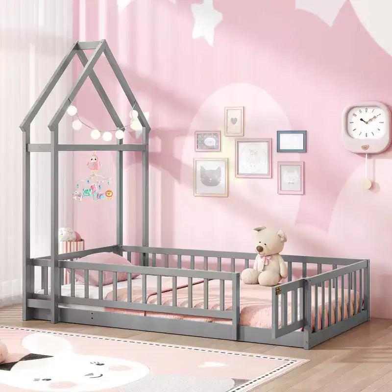 Letto a castello singolo a forma di casetta con cancello e appendiabiti, beige/grigio/rosa/bianco, per 1 bambino