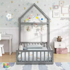 Letto a castello singolo a forma di casetta con cancello e appendiabiti, beige/grigio/rosa/bianco, per 1 bambino