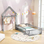 Letto a castello singolo a forma di casetta con cancello e appendiabiti, beige/grigio/rosa/bianco, per 1 bambino