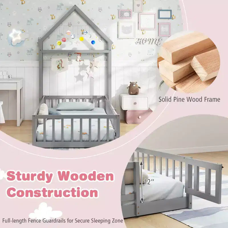Letto a castello singolo a forma di casetta con cancello e appendiabiti, beige/grigio/rosa/bianco, per 1 bambino