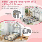 Letto a castello singolo a forma di casetta con cancello e appendiabiti, beige/grigio/rosa/bianco, per 1 bambino