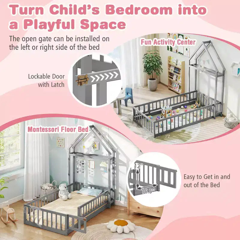 Letto a castello singolo a forma di casetta con cancello e appendiabiti, beige/grigio/rosa/bianco, per 1 bambino