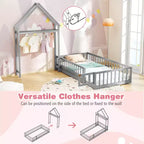 Letto a castello singolo a forma di casetta con cancello e appendiabiti, beige/grigio/rosa/bianco, per 1 bambino