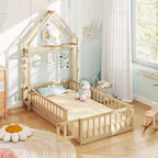 Letto a castello singolo a forma di casetta con cancello e appendiabiti, beige/grigio/rosa/bianco, per 1 bambino