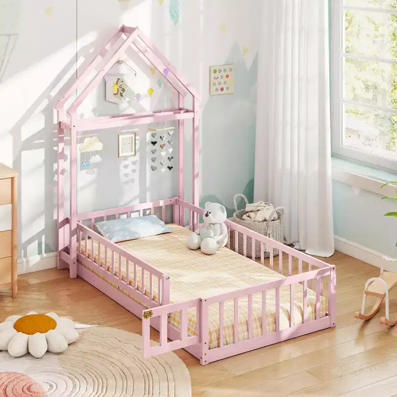 Letto a castello singolo a forma di casetta con cancello e appendiabiti, beige/grigio/rosa/bianco, per 1 bambino