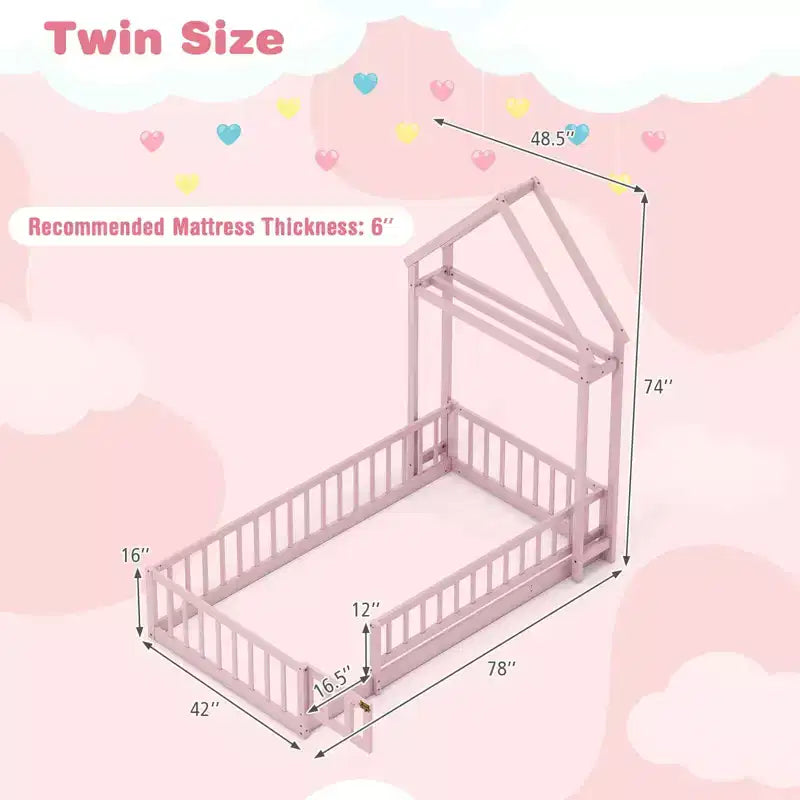 Letto a castello singolo a forma di casetta con cancello e appendiabiti, beige/grigio/rosa/bianco, per 1 bambino