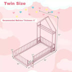 Letto a castello singolo a forma di casetta con cancello e appendiabiti, beige/grigio/rosa/bianco, per 1 bambino