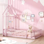 Letto a castello singolo a forma di casetta con cancello e appendiabiti, beige/grigio/rosa/bianco, per 1 bambino