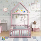 Letto a castello singolo a forma di casetta con cancello e appendiabiti, beige/grigio/rosa/bianco, per 1 bambino