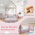 Letto a castello singolo a forma di casetta con cancello e appendiabiti, beige/grigio/rosa/bianco, per 1 bambino