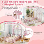 Letto a castello singolo a forma di casetta con cancello e appendiabiti, beige/grigio/rosa/bianco, per 1 bambino