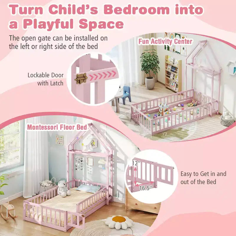 Letto a castello singolo a forma di casetta con cancello e appendiabiti, beige/grigio/rosa/bianco, per 1 bambino