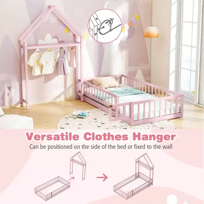 Letto a castello singolo a forma di casetta con cancello e appendiabiti, beige/grigio/rosa/bianco, per 1 bambino