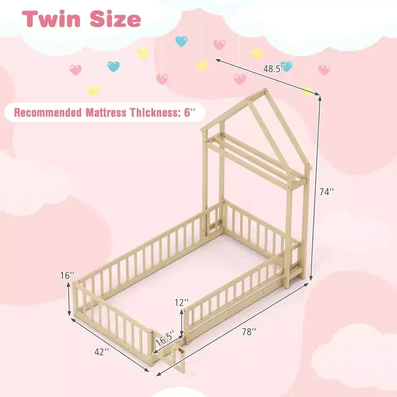 Letto a castello singolo a forma di casetta con cancello e appendiabiti, beige/grigio/rosa/bianco, per 1 bambino