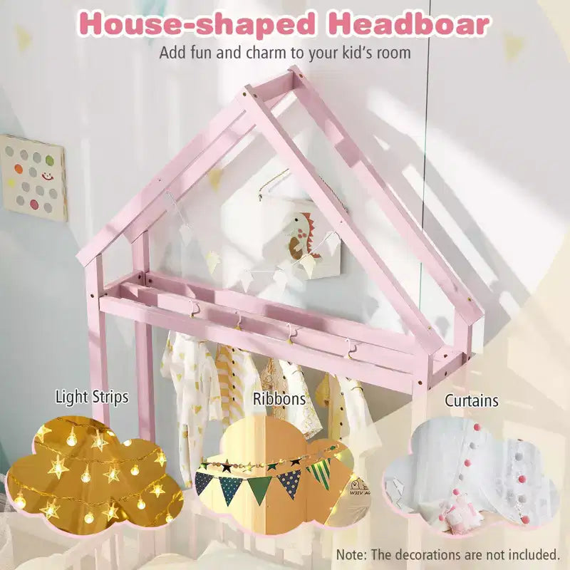 Letto a castello singolo a forma di casetta con cancello e appendiabiti, beige/grigio/rosa/bianco, per 1 bambino