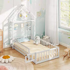 Letto a castello singolo a forma di casetta con cancello e appendiabiti, beige/grigio/rosa/bianco, per 1 bambino