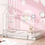 Letto a castello singolo a forma di casetta con cancello e appendiabiti, beige/grigio/rosa/bianco, per 1 bambino
