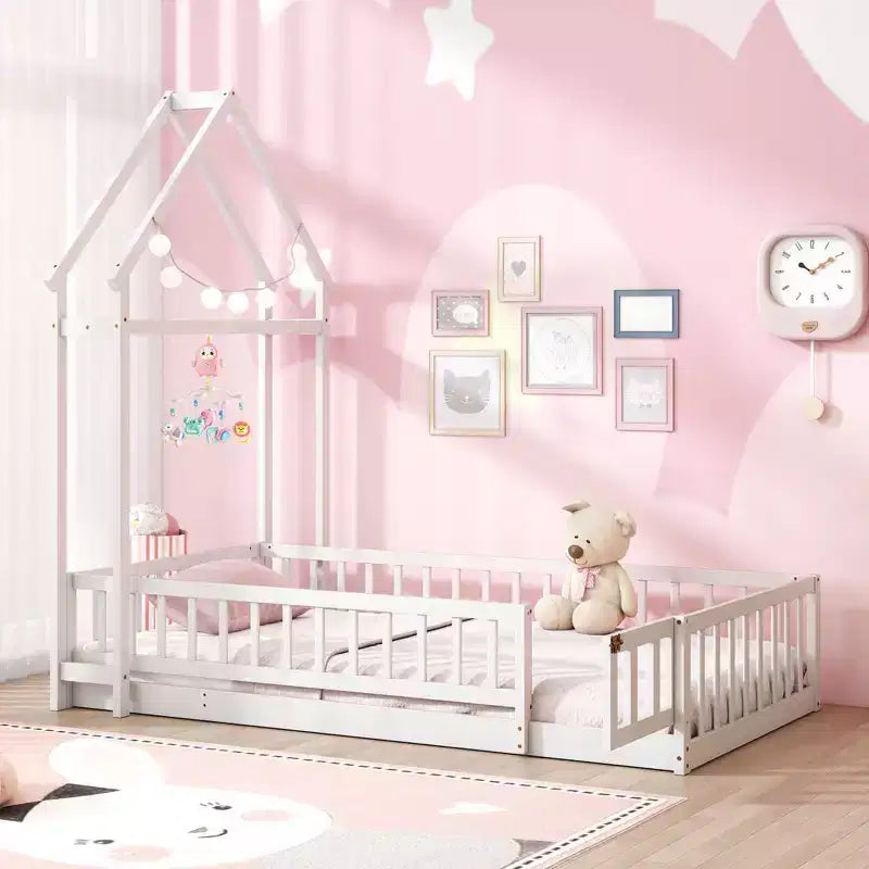 Letto a castello singolo a forma di casetta con cancello e appendiabiti, beige/grigio/rosa/bianco, per 1 bambino