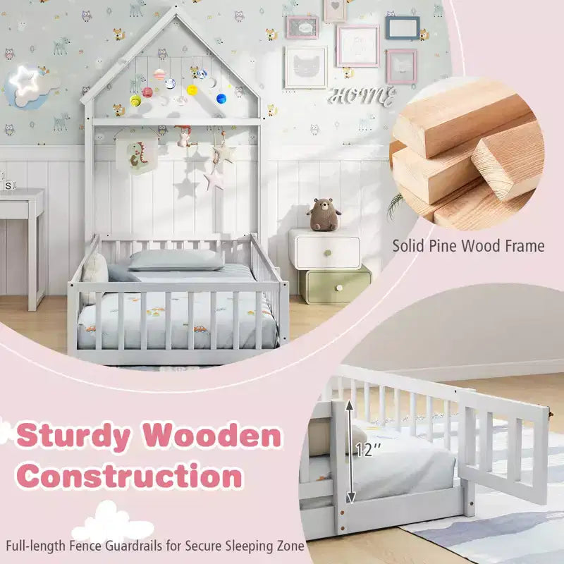 Letto a castello singolo a forma di casetta con cancello e appendiabiti, beige/grigio/rosa/bianco, per 1 bambino