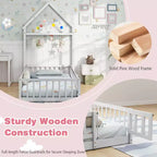 Letto a castello singolo a forma di casetta con cancello e appendiabiti, beige/grigio/rosa/bianco, per 1 bambino