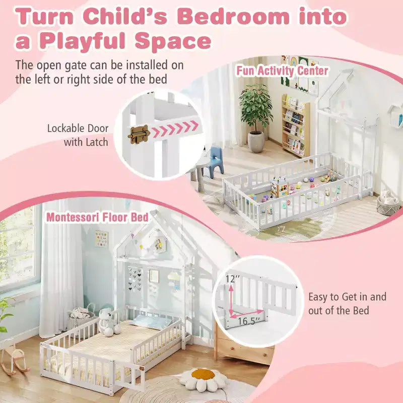 Letto a castello singolo a forma di casetta con cancello e appendiabiti, beige/grigio/rosa/bianco, per 1 bambino