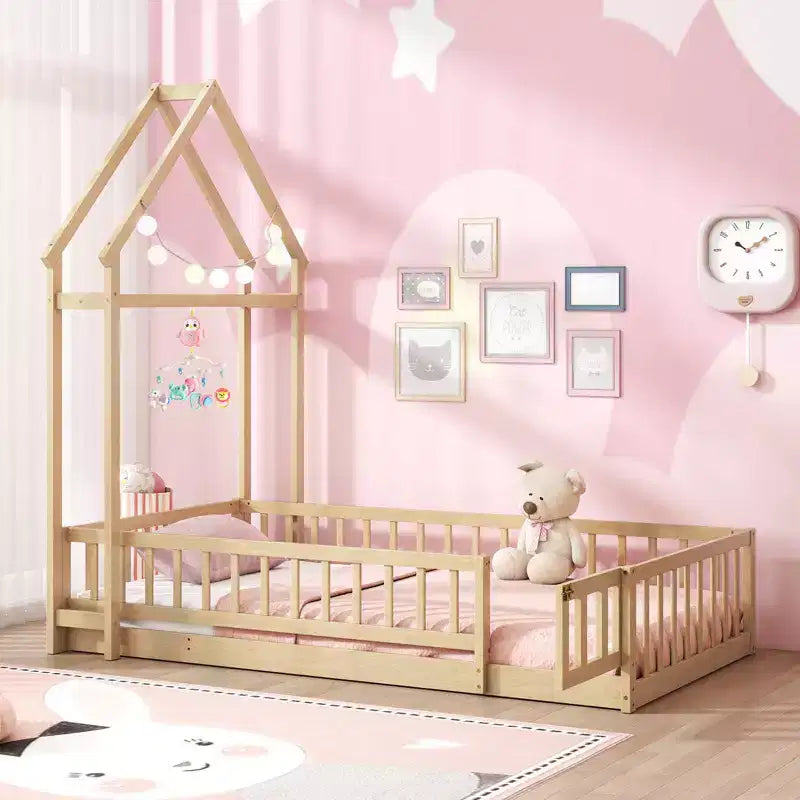 Letto a castello singolo a forma di casetta con cancello e appendiabiti, beige/grigio/rosa/bianco, per 1 bambino