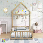 Letto a castello singolo a forma di casetta con cancello e appendiabiti, beige/grigio/rosa/bianco, per 1 bambino