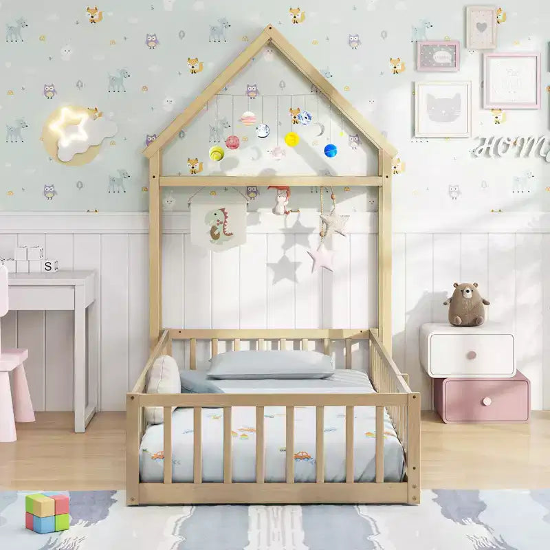 Letto a castello singolo a forma di casetta con cancello e appendiabiti, beige/grigio/rosa/bianco, per 1 bambino