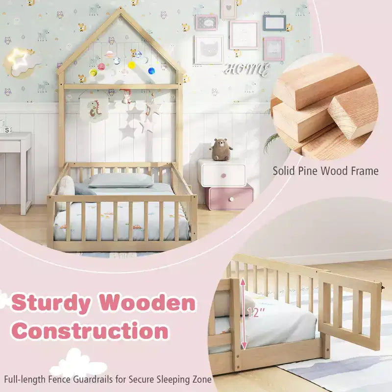 Letto a castello singolo a forma di casetta con cancello e appendiabiti, beige/grigio/rosa/bianco, per 1 bambino